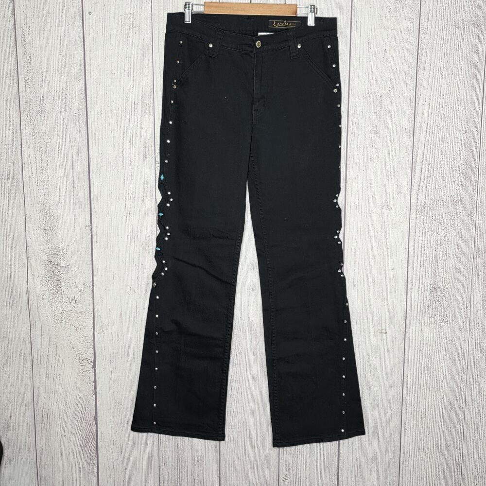 Lawman Western Black Studded Bootcut Jeans Turquoise Concho Cowgirl 13